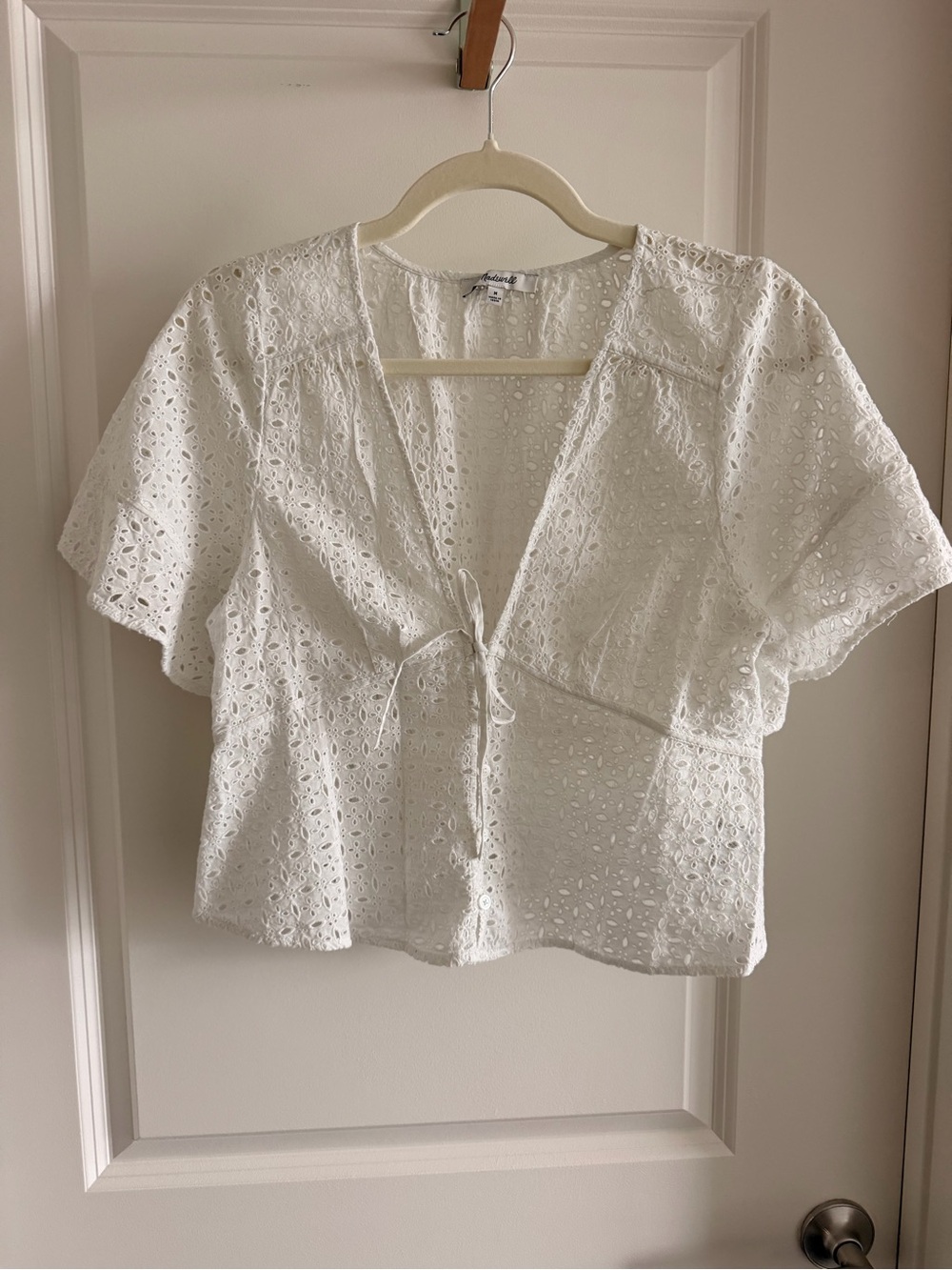 White Eyelet Tie-Front Women's Top